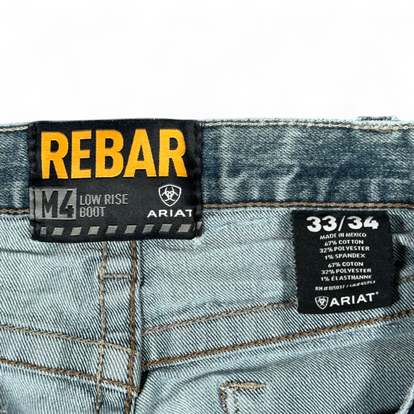 Ariat Jeans Mens 33x33 Blue Rebar M4 Bootcut Distressed Low Rise Stretch Light - Picture 4 of 10